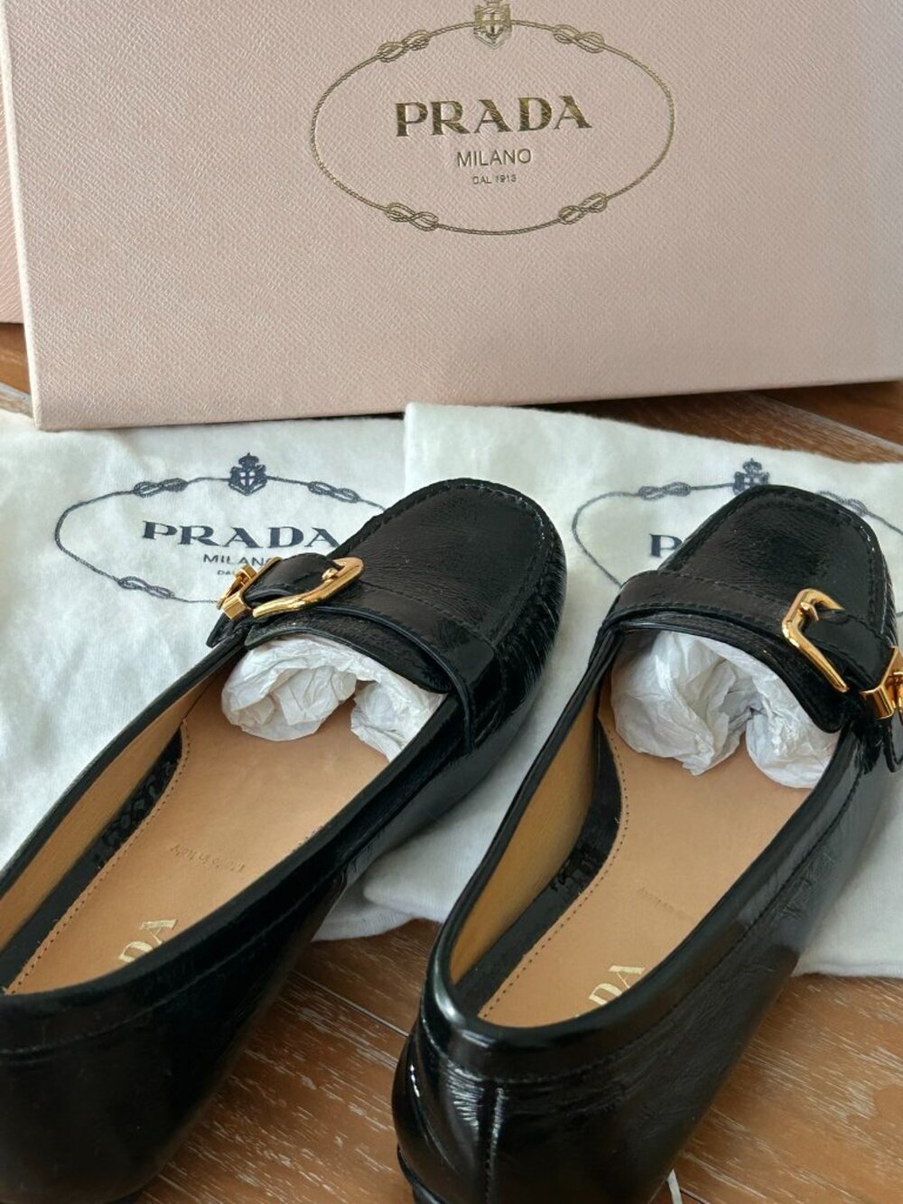 Prada Black Patent Leather Gold Buckle Loafers EU 36.5 - Picture 15 of 16